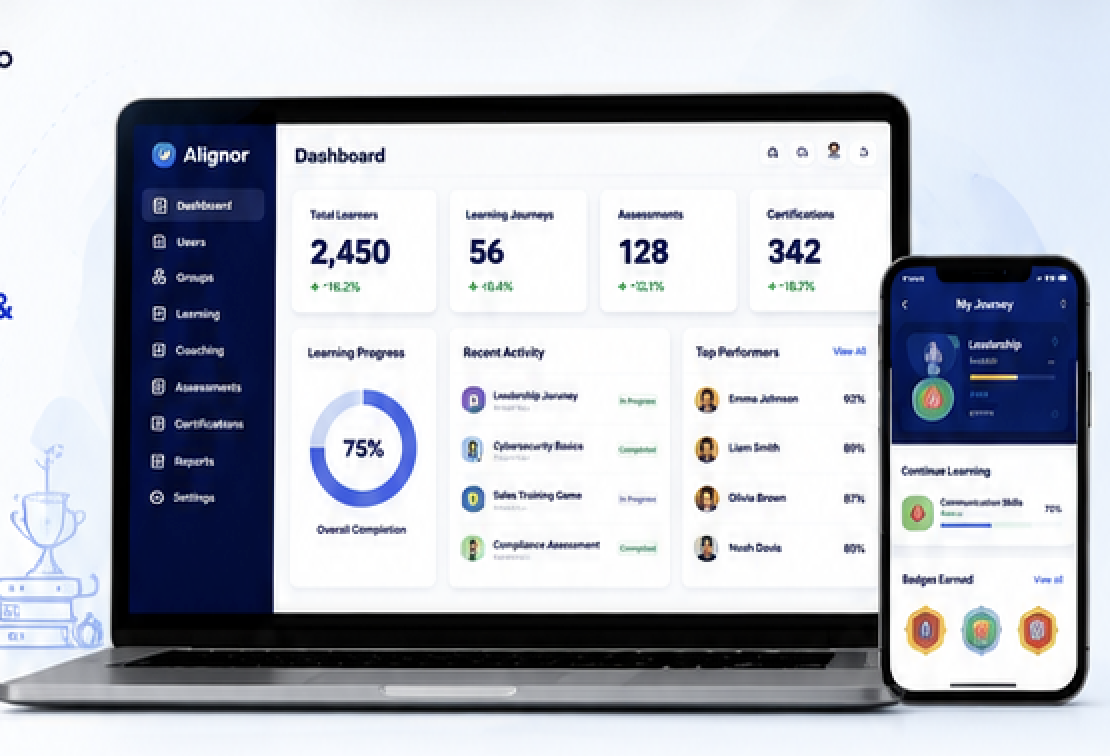 Alignor dashboard shown on a laptop and mobile app, with learning progress, analytics, and top performers